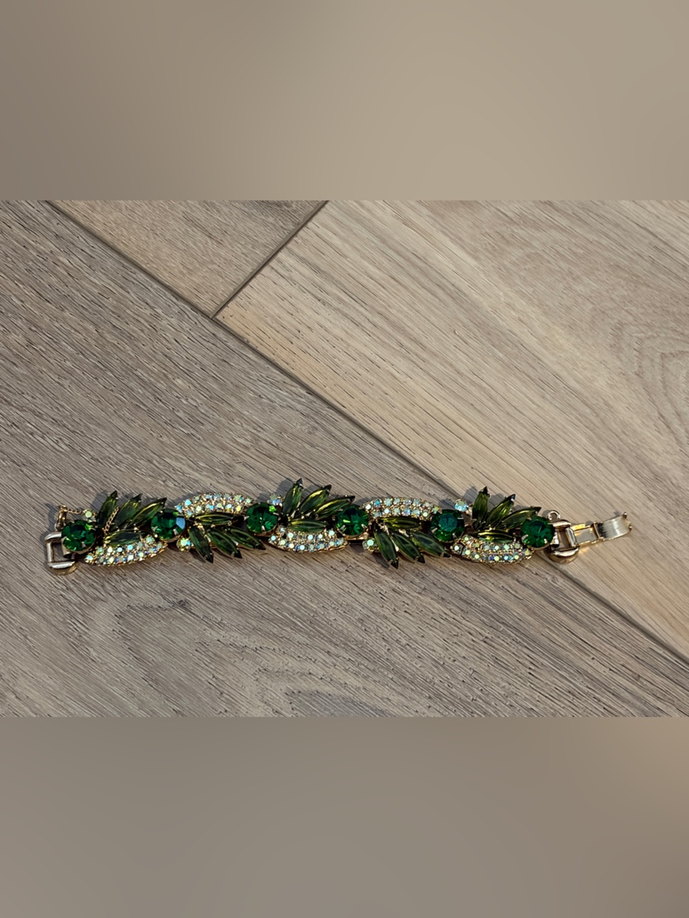 Vintage Gold Bracelet with Deep Green and Clear Crystal Accents